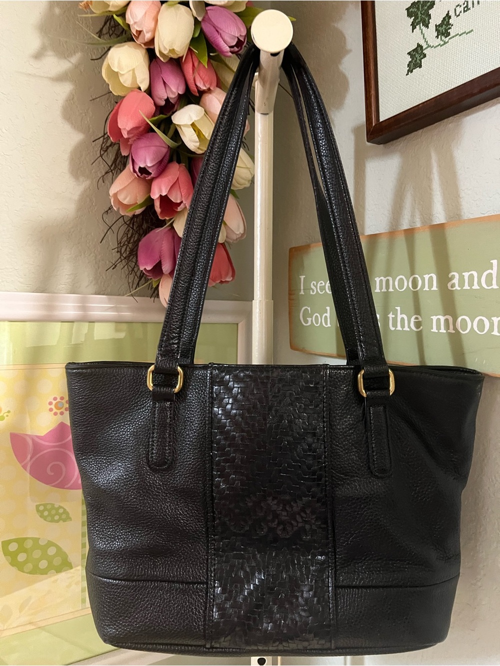 Black Leather Shoulder Tote with Textured Center Panel